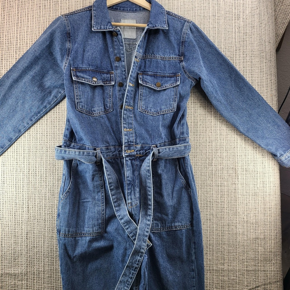 VVTIKO Denim Jumpsuit Womens Large‎ Blue Long Sleeve Belted Utility Coveralls